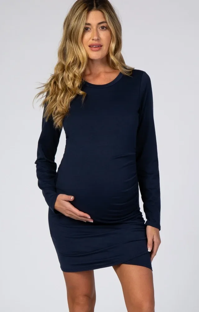 Navy Blue Wrap Hem Fitted Maternity Dress