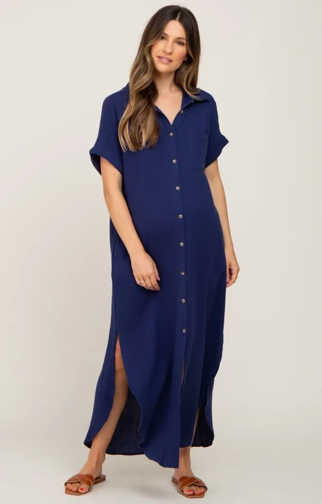 Navy Button Down Maternity Midi Dress