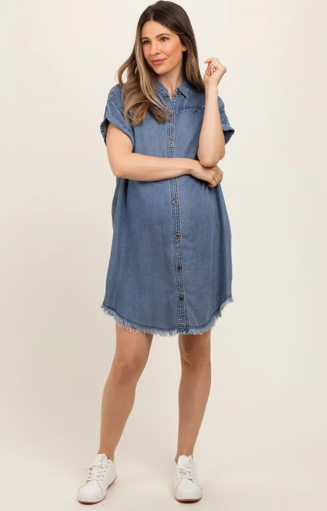 Navy Chambray Frayed Button Down Maternity Dress