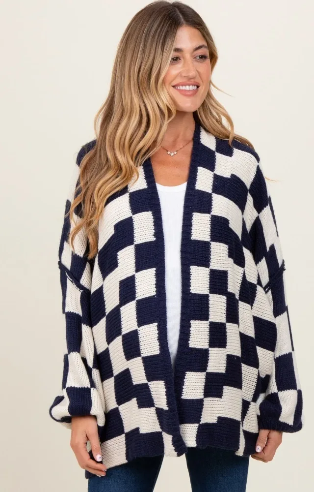 Navy Checkered Oversized Maternity Cardigan