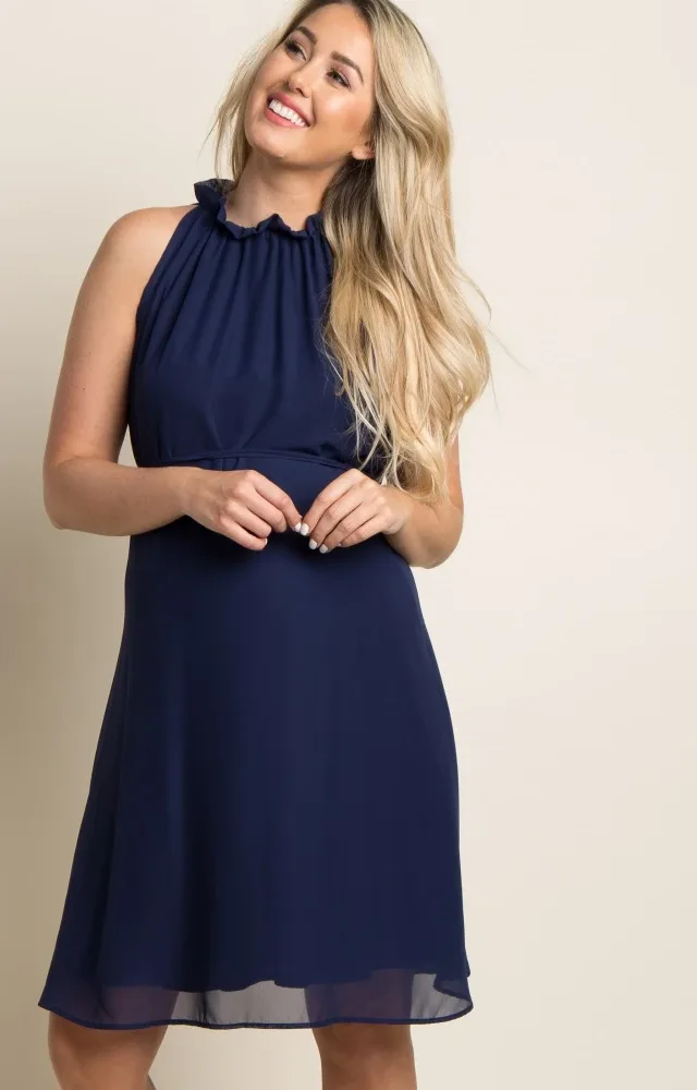 Navy Chiffon High Neck Maternity Dress