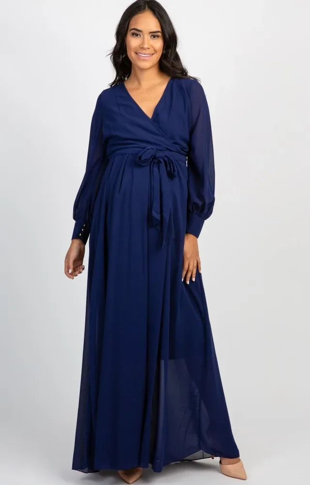 Navy Chiffon Pleated Maternity Maxi Dress