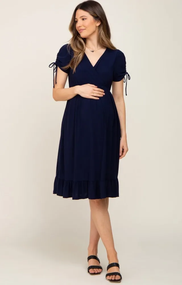 Navy Cinched Sleeve Maternity Midi Dress