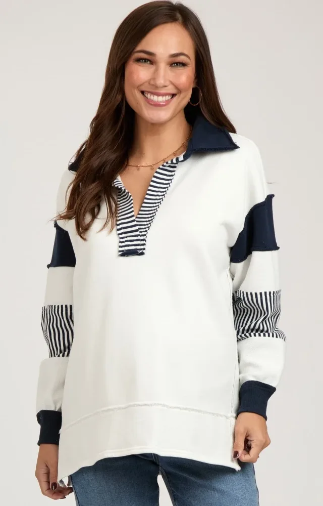 Navy Colorblock Stripe Collared Maternity Sweater