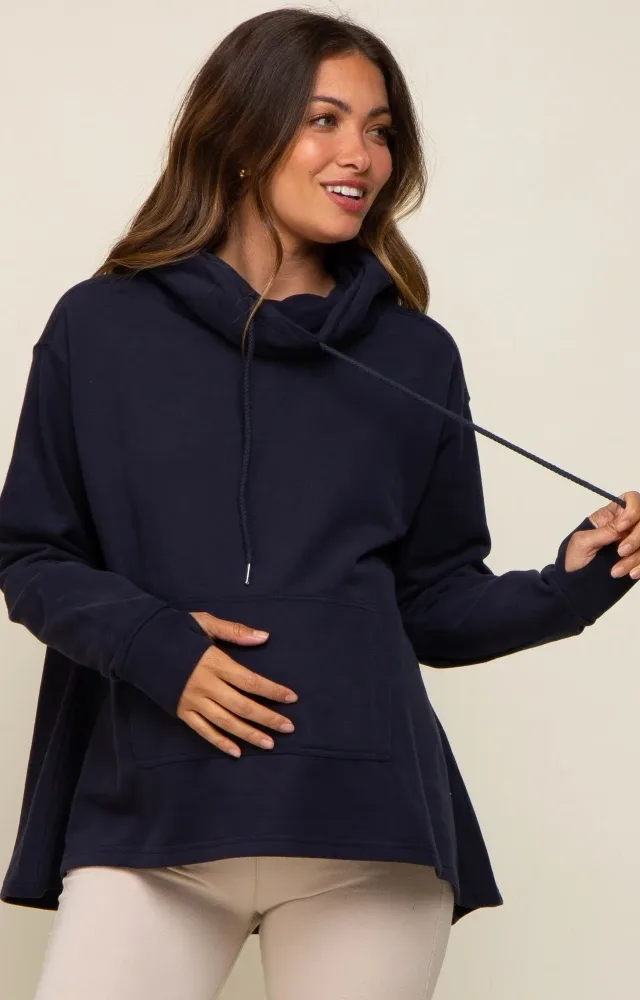 Navy Cowl Neck Maternity Hooded Sweatshirt