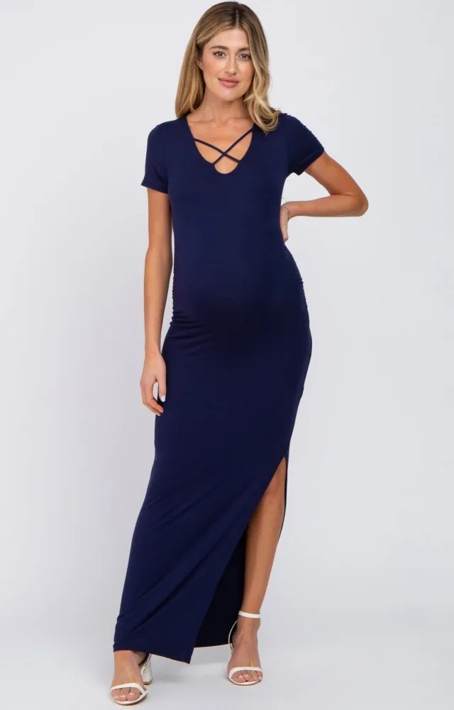 Navy Cross Front Ruched Maternity Maxi Dress