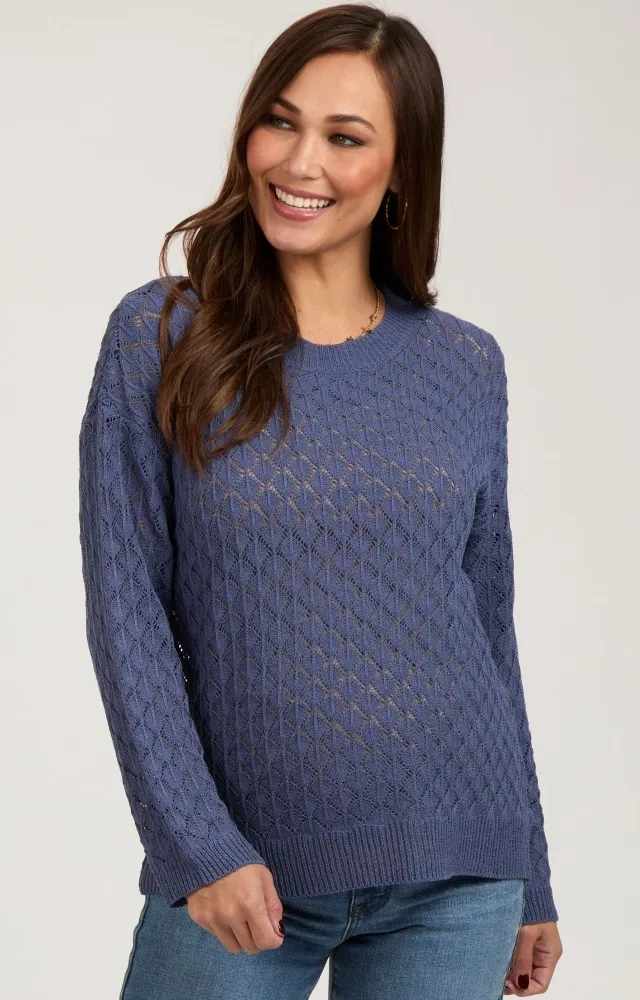 Navy Diamond Open Knit Maternity Top