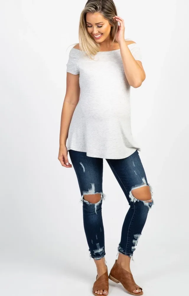 Navy Distressed Raw Cut Maternity Skinny Jeans