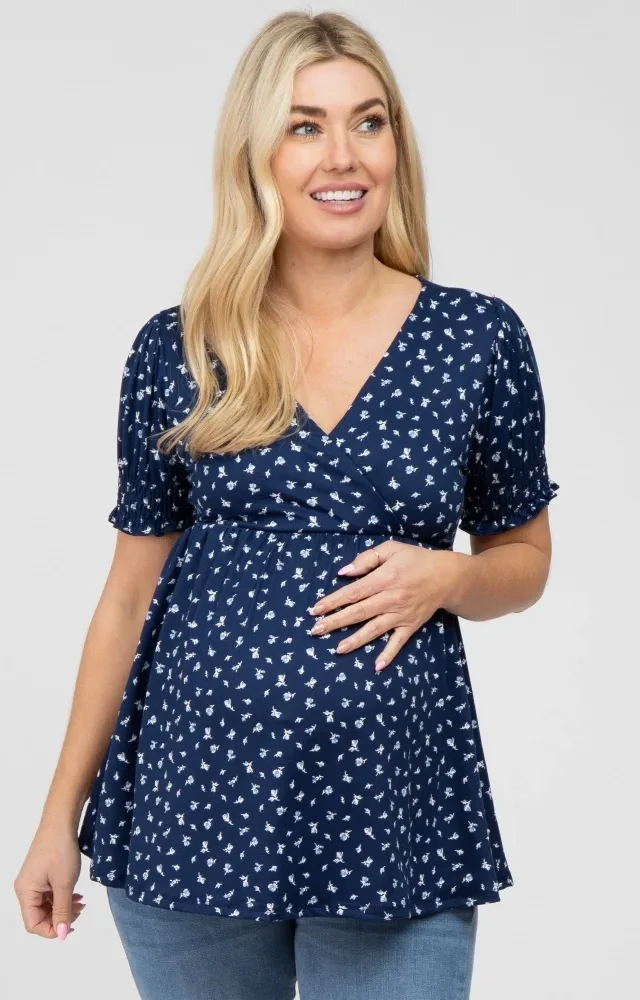 Navy Ditsy Floral Smocked Sleeve Maternity Wrap Top