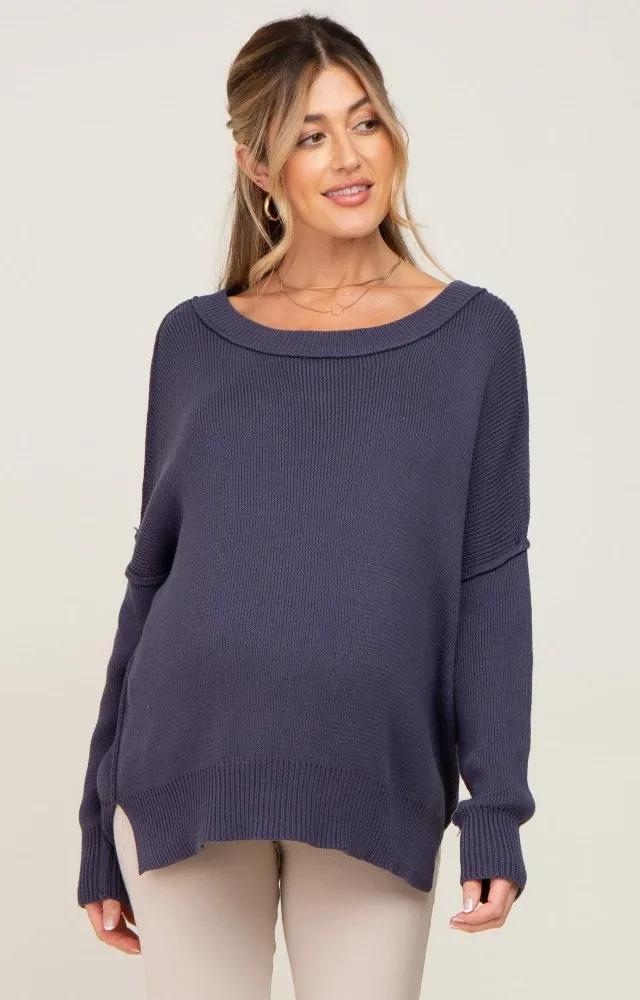 Navy Exposed Seam Side Slit Maternity Sweater