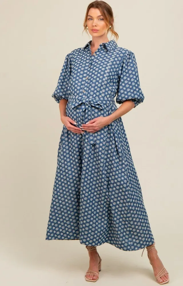 Navy Floral Embroidered Button Down Chambray Maternity Maxi Dress