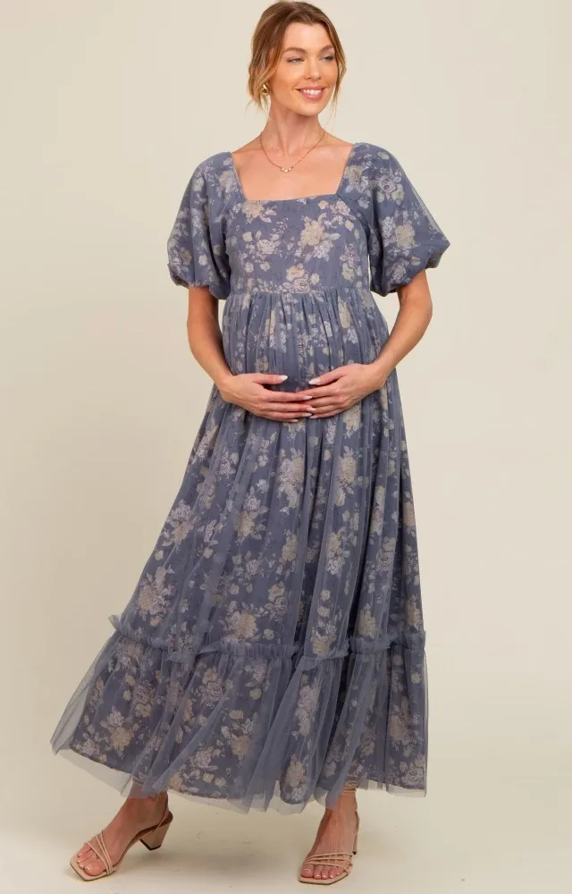 Navy Floral Mesh Overlay Maternity Maxi Dress