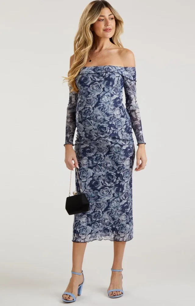 Navy Floral Off Shoulder Mesh Knit Maternity Midi Dress