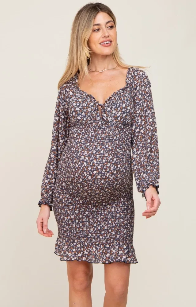 Navy Floral Print Long Sleeve Smocked Maternity Dress