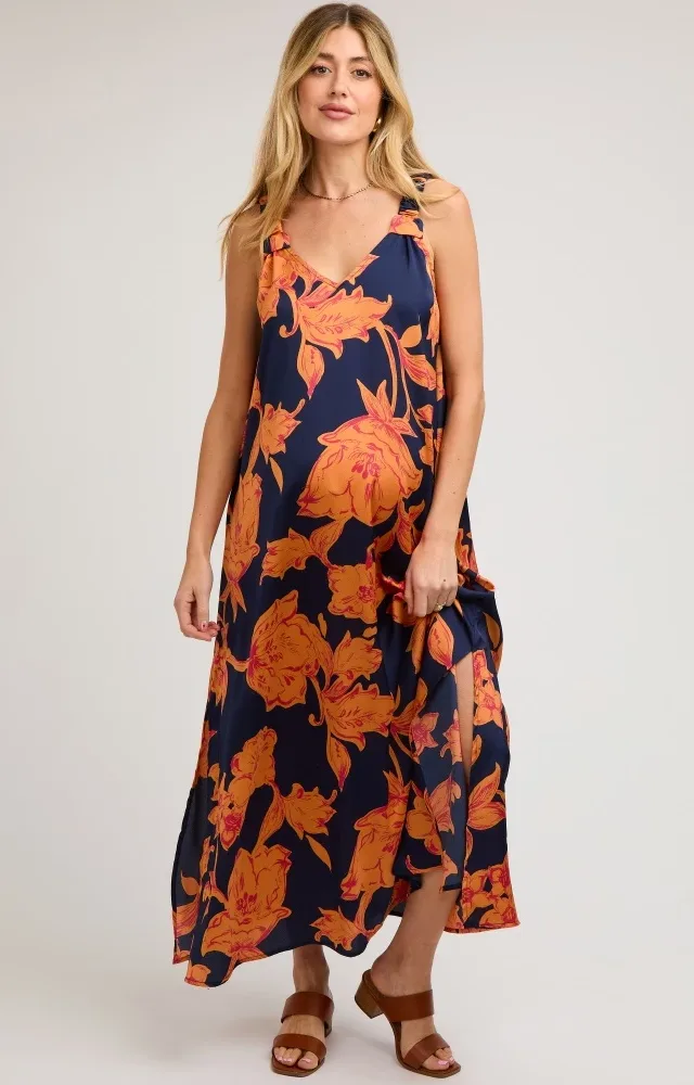 Navy Floral Ruched Strap V-Neck Maternity Midi Dress