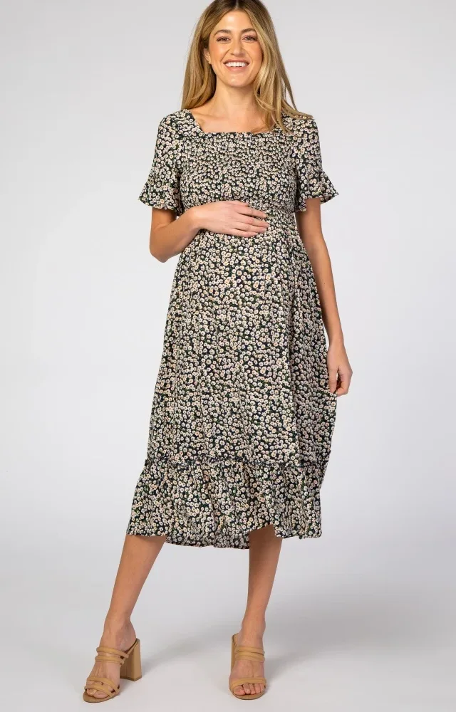 Navy Floral Ruffle Maternity Midi Dress