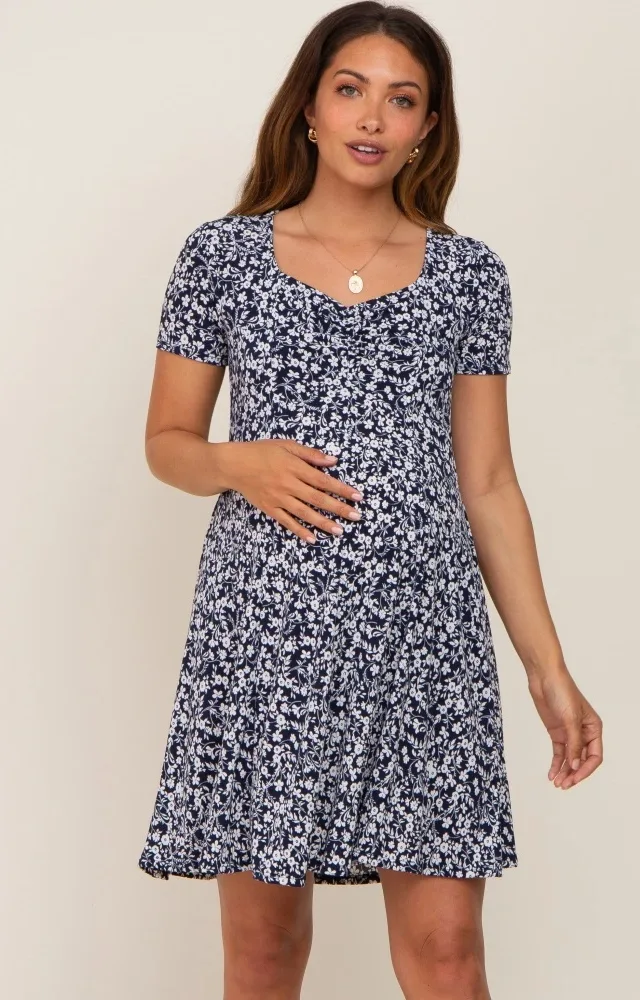 Navy Floral Short Sleeve Maternity Dress