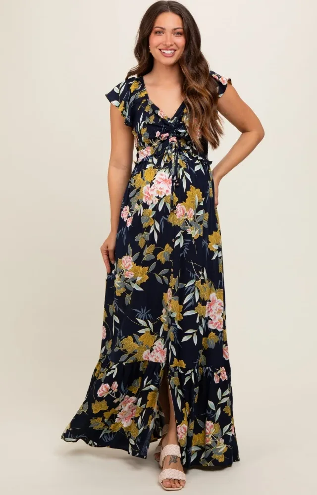 Navy Floral Smocked Cinched Top Maternity Maxi Dress