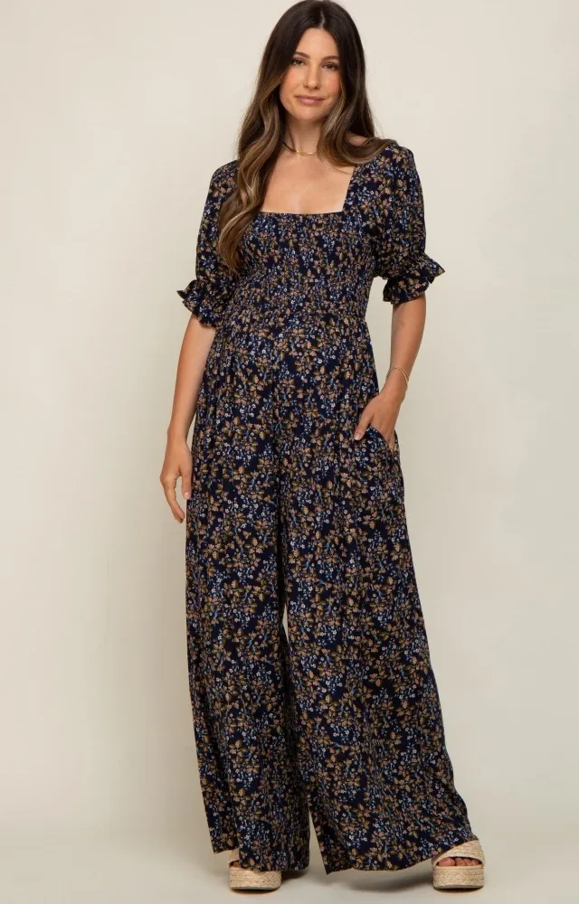 Navy Floral Smocked Maternity Jumpsuit