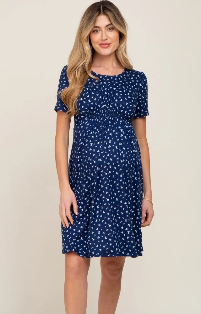 Navy Floral Smocked Short Sleeve Maternity Dress