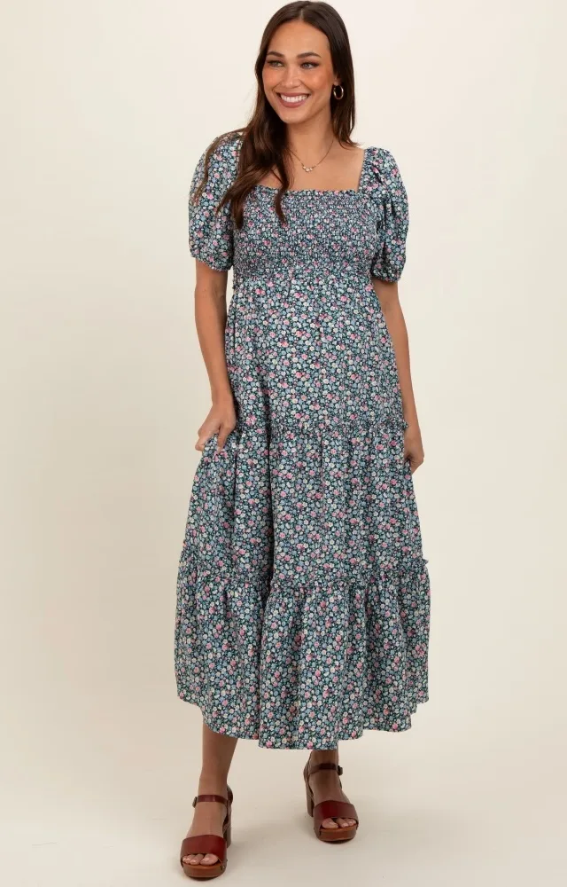 Navy Floral Smocked Tiered Puff Sleeve Maternity Maxi Dress