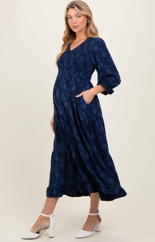 Navy Floral Smocked V-Neck Maternity Maxi Dress