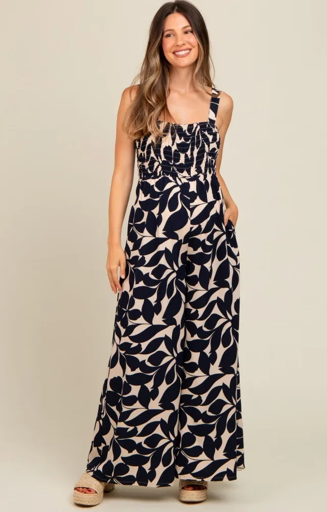 Navy Floral Smocked Wide Leg Maternity Jumpsuit