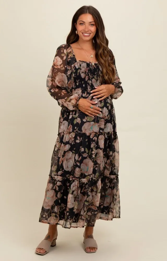 Navy Floral Square Neck Smocked Maternity Midi Dress