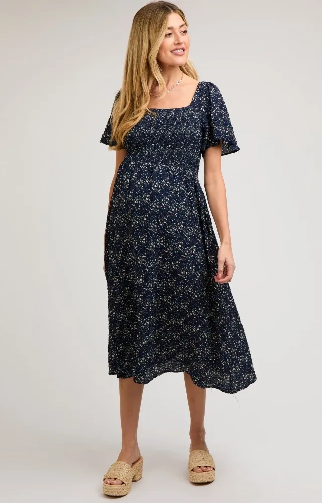 Navy Floral Square Neck Smocked Maternity Midi Dress