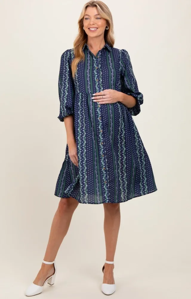 Navy Floral Striped Button Down Maternity Midi Dress