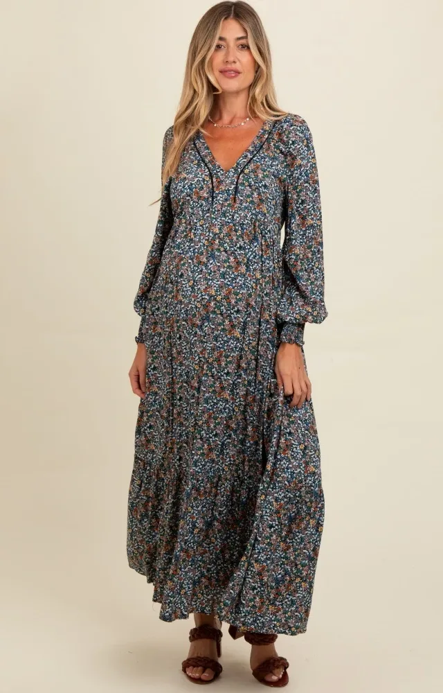 Navy Floral V-Neck Bubble Sleeve Maternity Maxi Dress