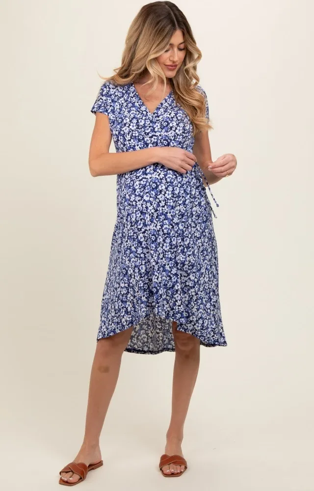 Navy Floral Wrap Maternity Midi Dress