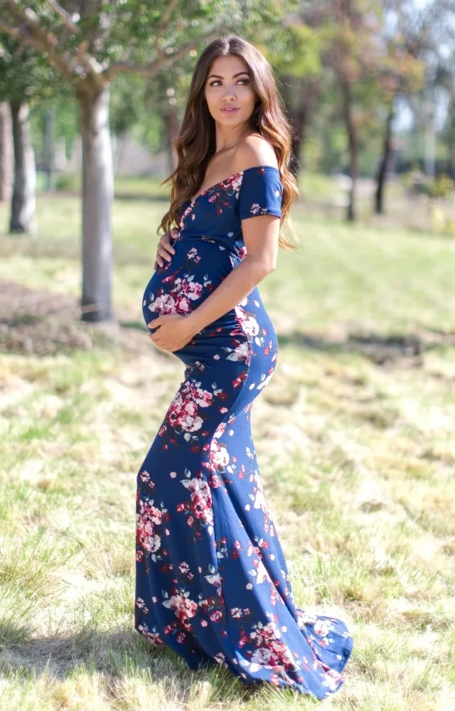 Navy Floral Wrap Maternity Photoshoot Gown