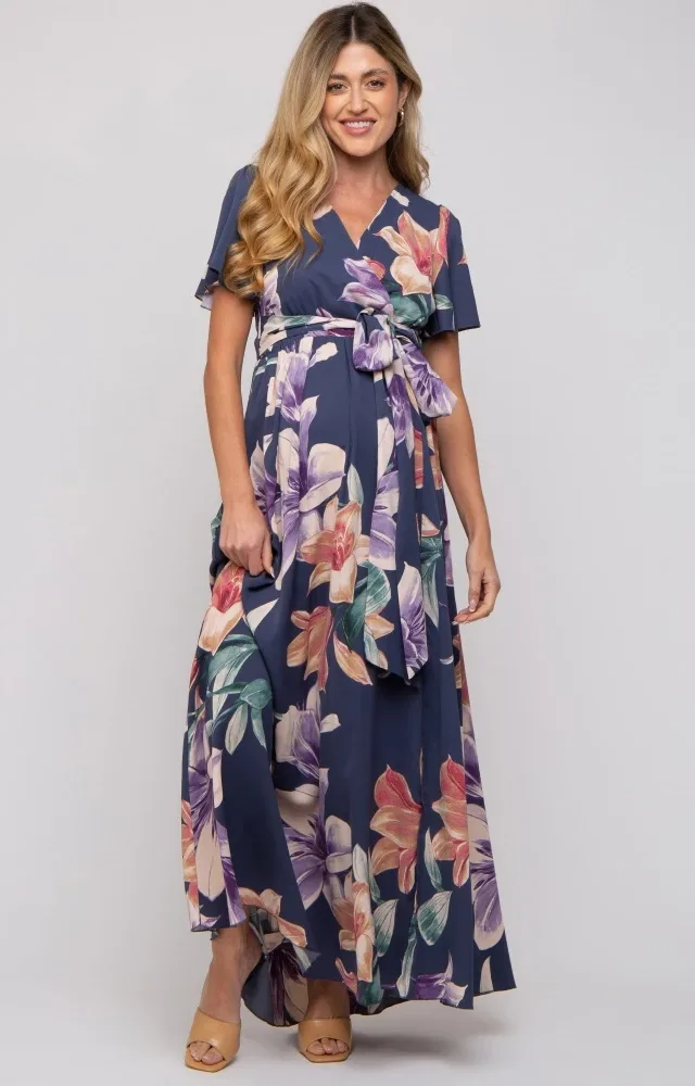 Navy Floral Wrap V-Neck Maternity Maxi Dress