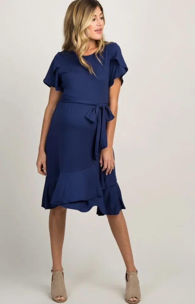 Navy Flounce Trim Maternity Dress