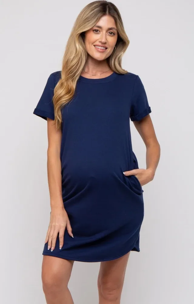 Navy French Terry Cuffed Short Sleeve Maternity Dress