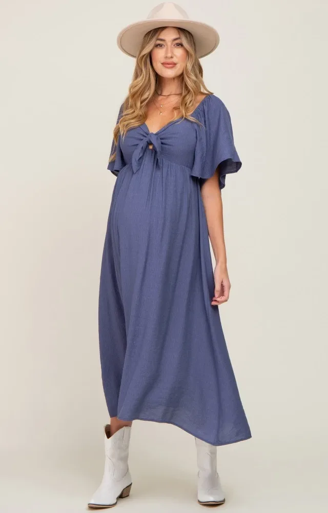 Navy Front Tie Ruffle Sleeve Maternity Midi Dress