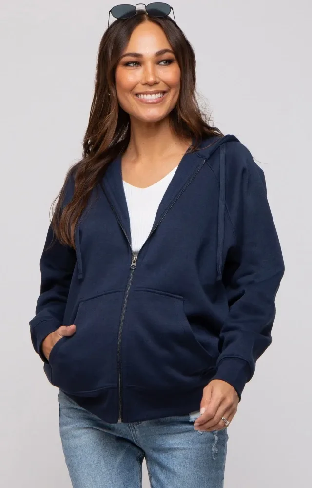 Navy Front Zipper Hooded Maternity Sweater