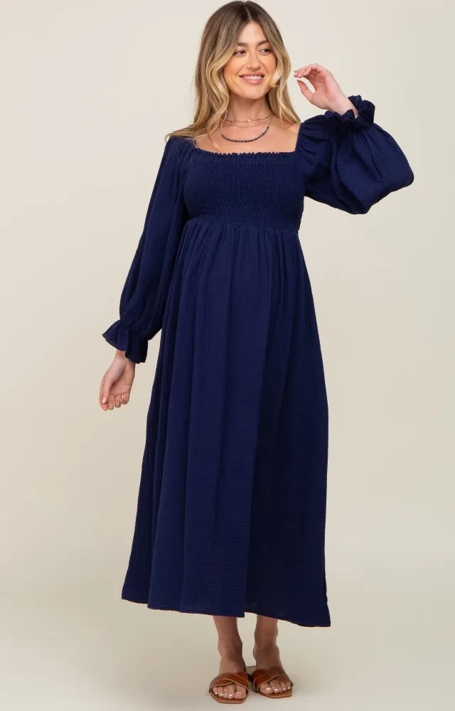 Navy Gauze Smocked Maternity Midi Dress