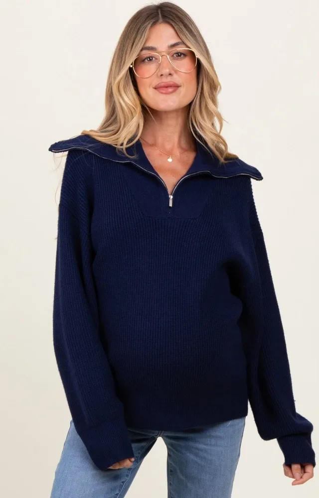 Navy Half Zip Chunky Knit Maternity Pullover Sweater