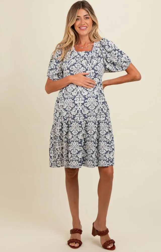 Navy Jacquard Damask Print Maternity Dress