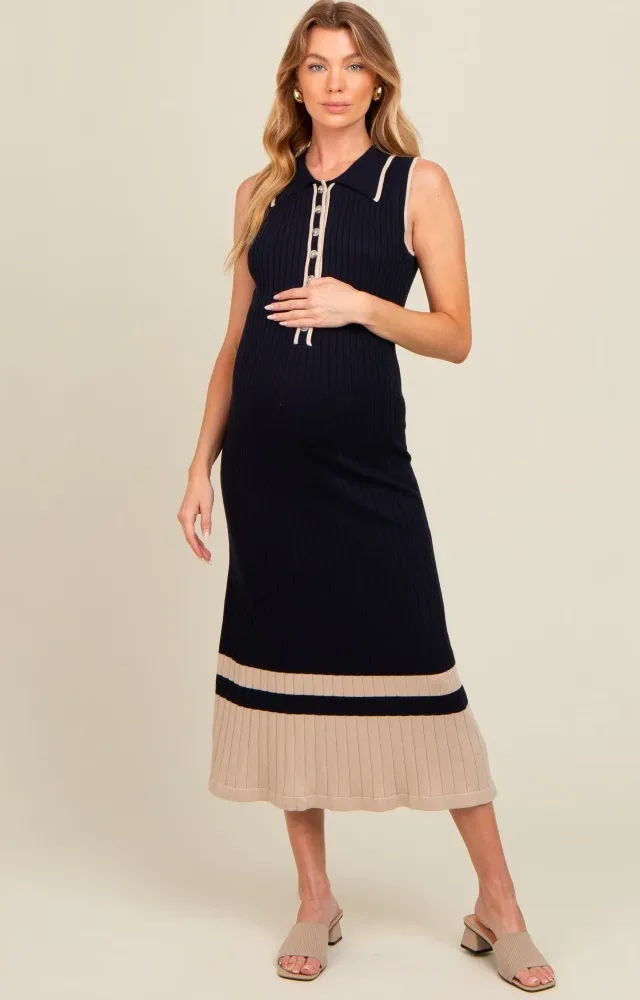 Navy Knit Button Front Contrast Border Maternity Midi Dress