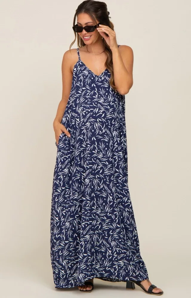 Navy Leaf Print Double V-Neck Maternity Maxi Dress