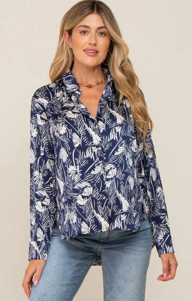 Navy Leaf Print Satin Button Up Maternity Blouse