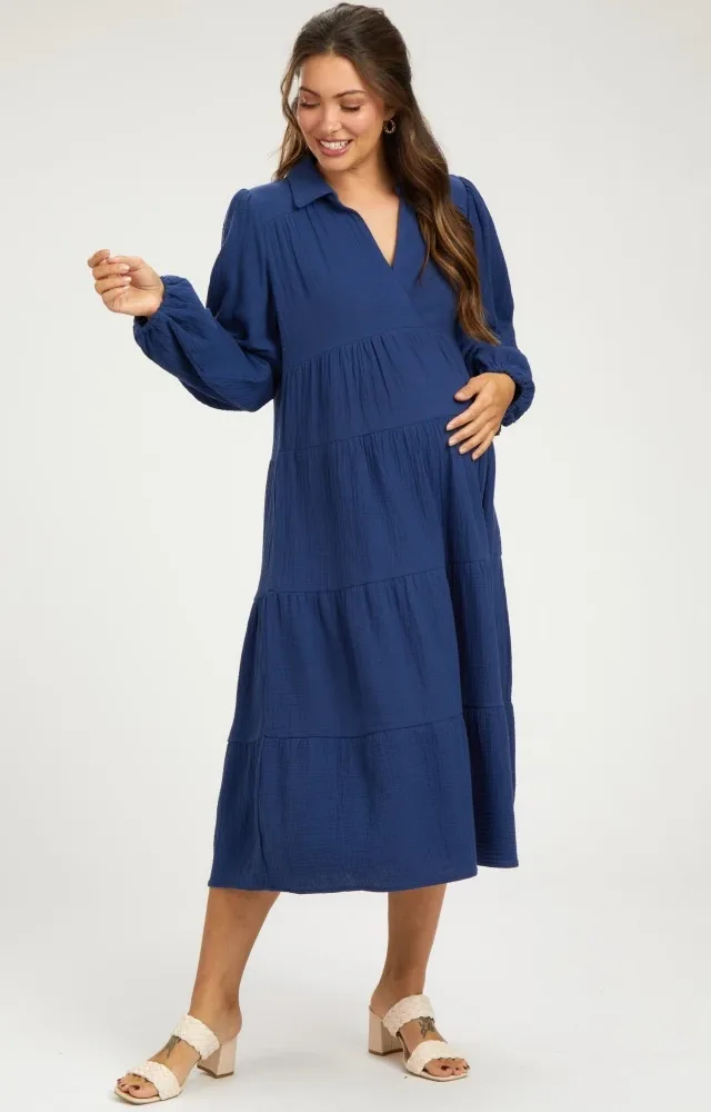 Navy Light Weight Collared Tiered Maternity Dress