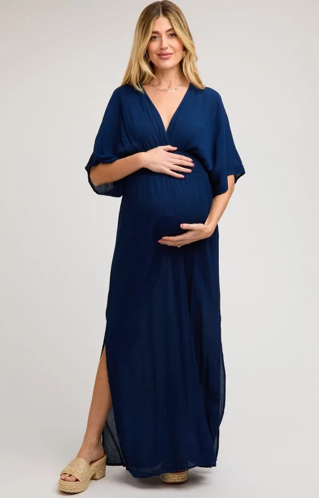 Navy Lightweight Deep V-Neck Maternity Maxi Dress