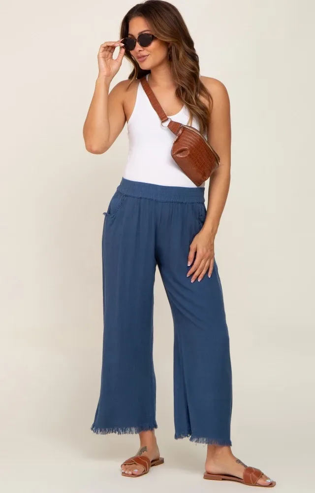 Navy Linen Frayed Hem Crop Maternity Pants