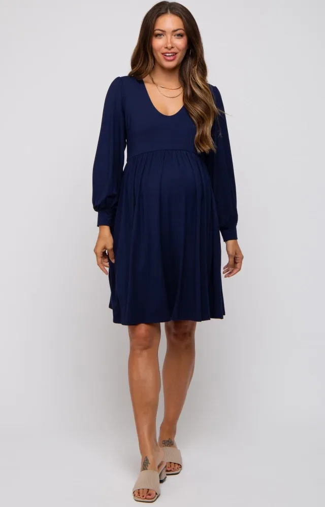 Navy Long Puff Sleeve Maternity Dress