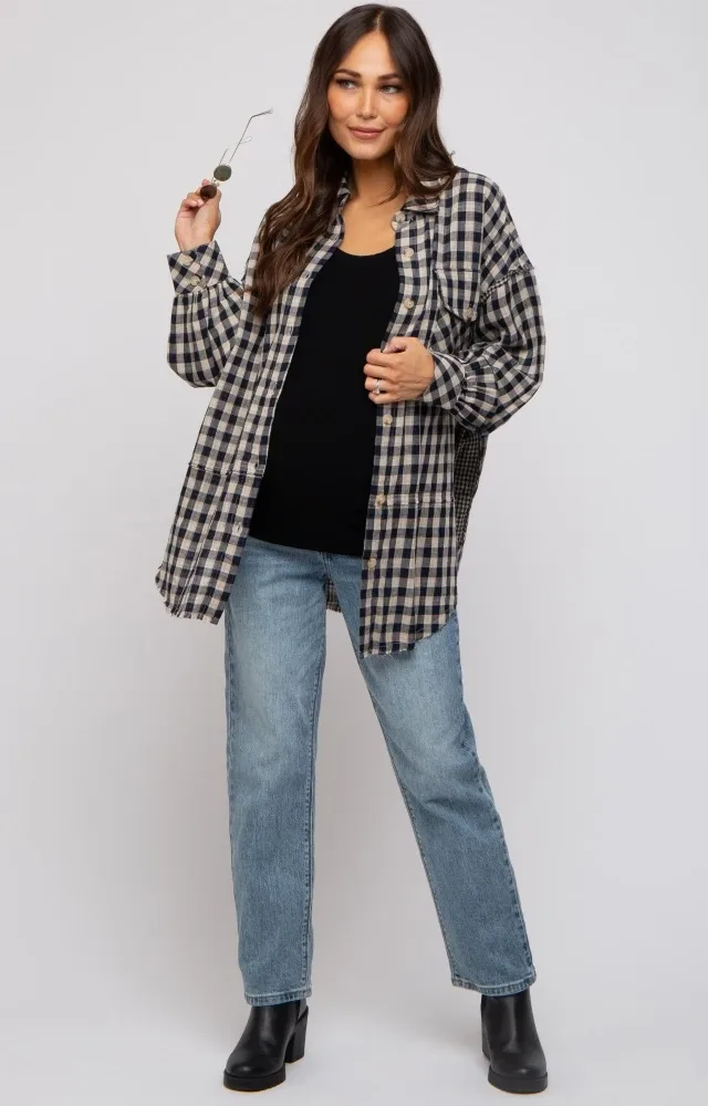 Navy Mixed Plaid Fringe Maternity Button Down Top