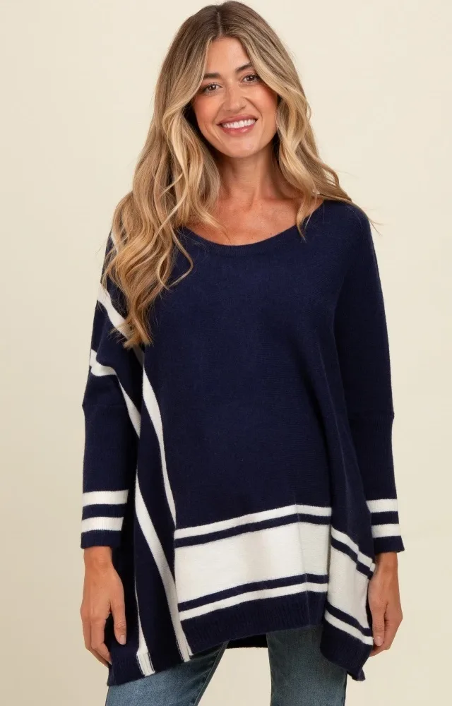 Navy Mixed Stripe Dolman Sleeve Maternity Sweater